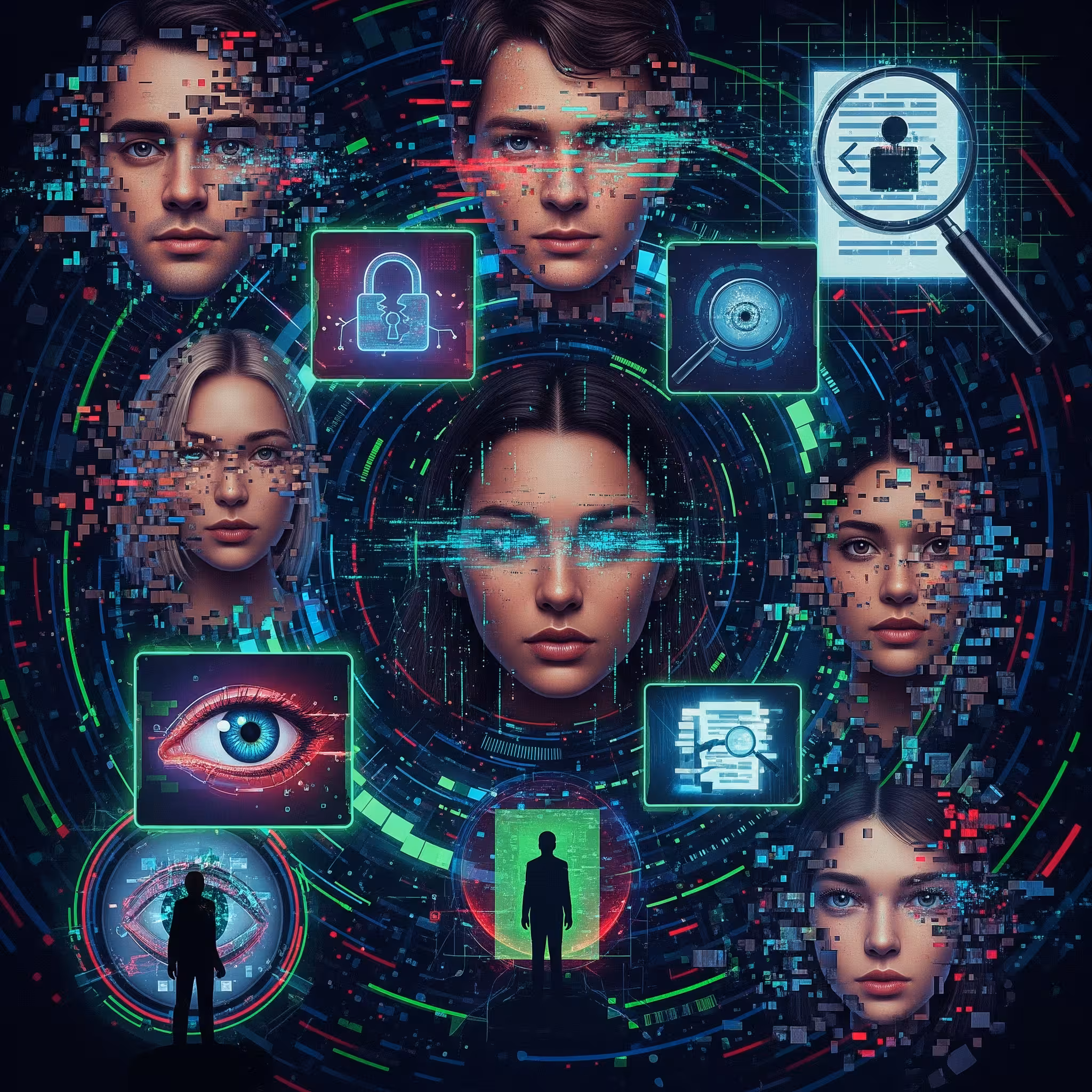 Dark futuristic illustration showing AI-generated faces and distorted images, symbolizing deepfake risks and online privacy threats