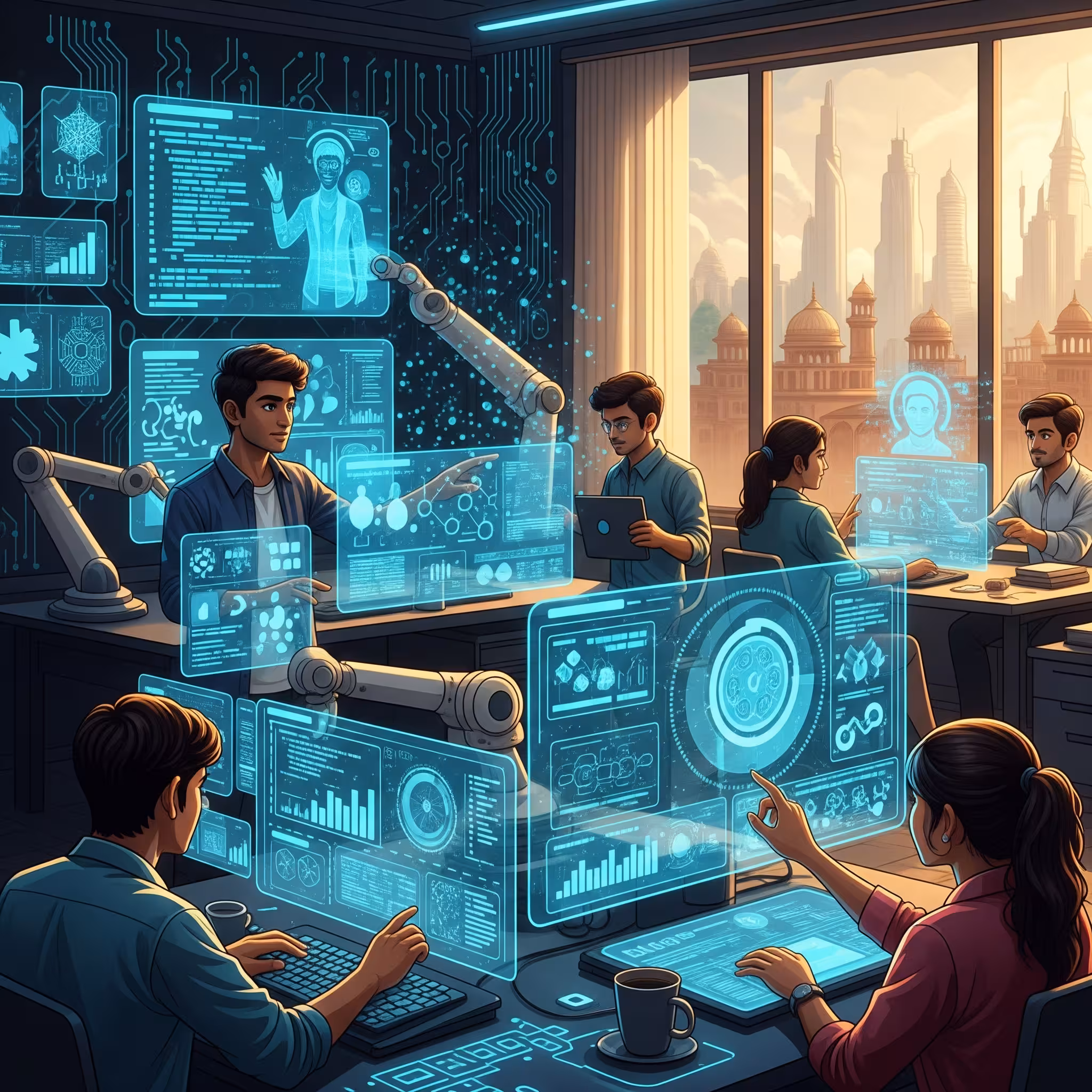 Conceptual illustration of the future of AI in India, young developers collaborating with AI systems, glowing digital interfaces, hopeful futuristic mood