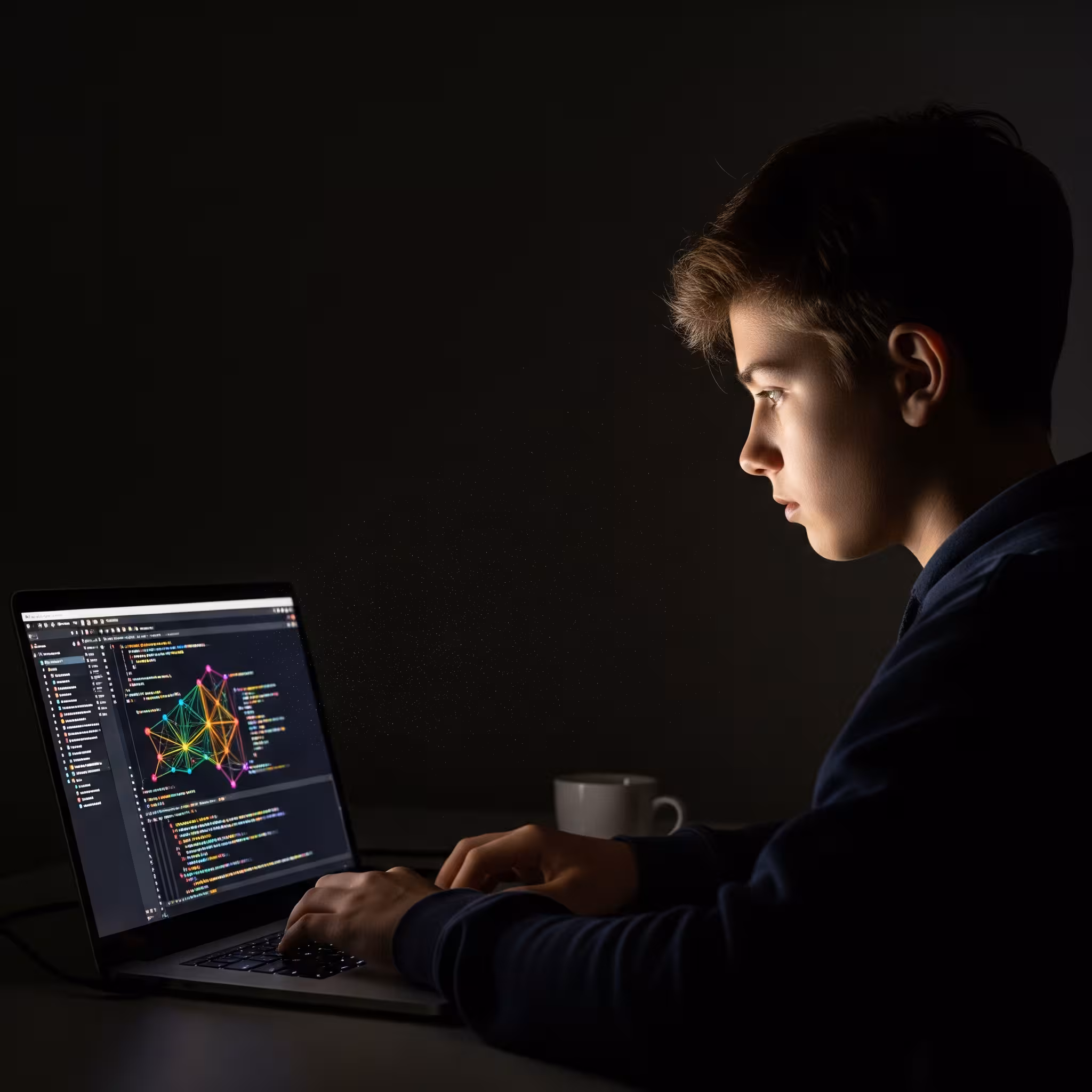 Teenager coding late at night on a laptop, AI-related code on screen, dark minimal workspace, focused mood, cinematic lighting