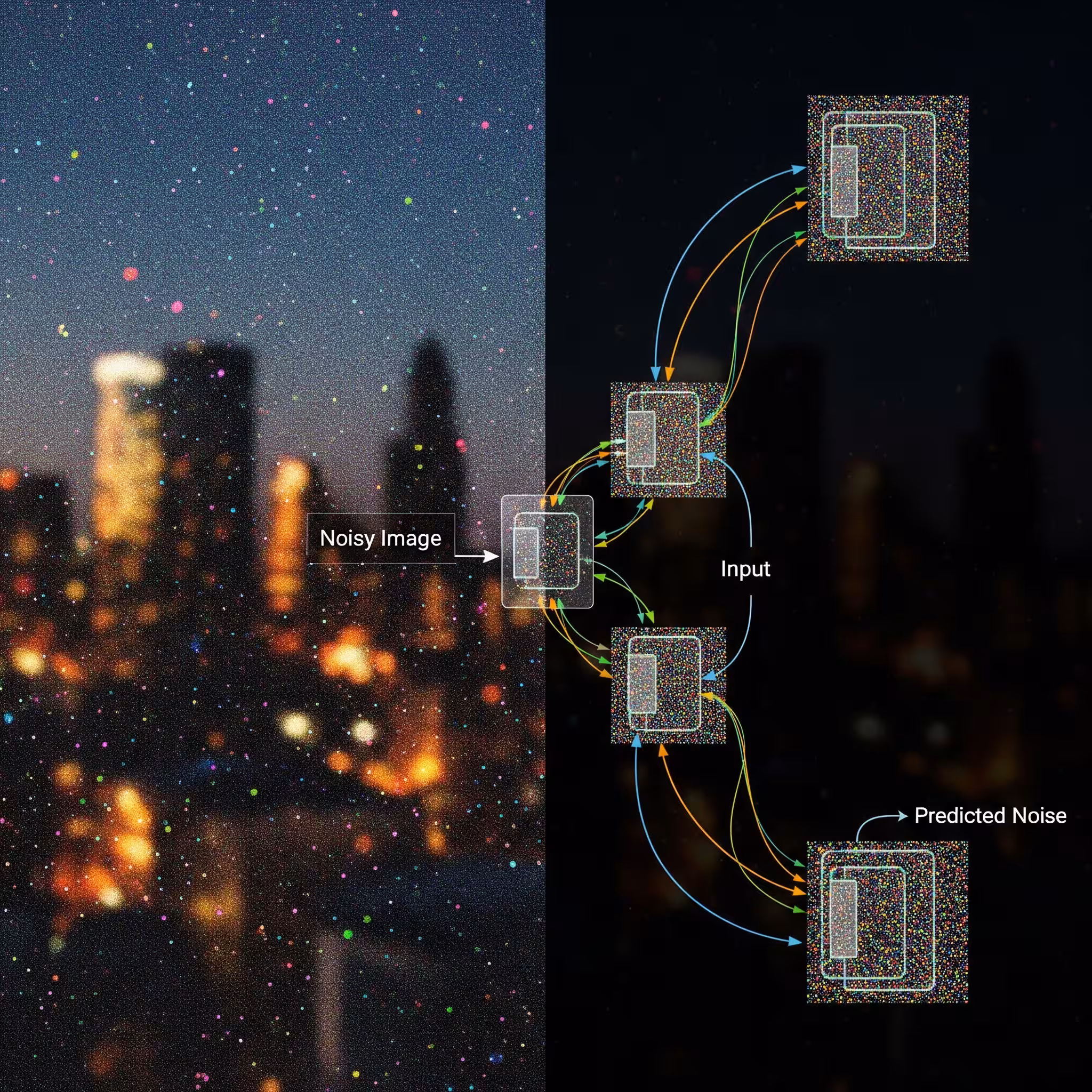 Visualization showing a neural network predicting noise from a noisy image