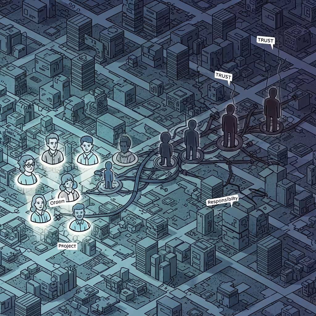 Illustration showing a long-term infiltration of an open-source project through trust and gradual responsibility increase