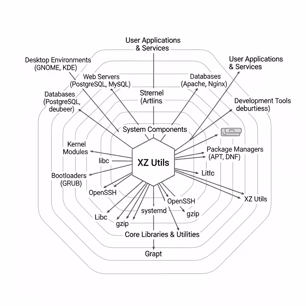 Diagram showing XZ Utils embedded deep inside Linux systems and software dependencies, clean educational visualization